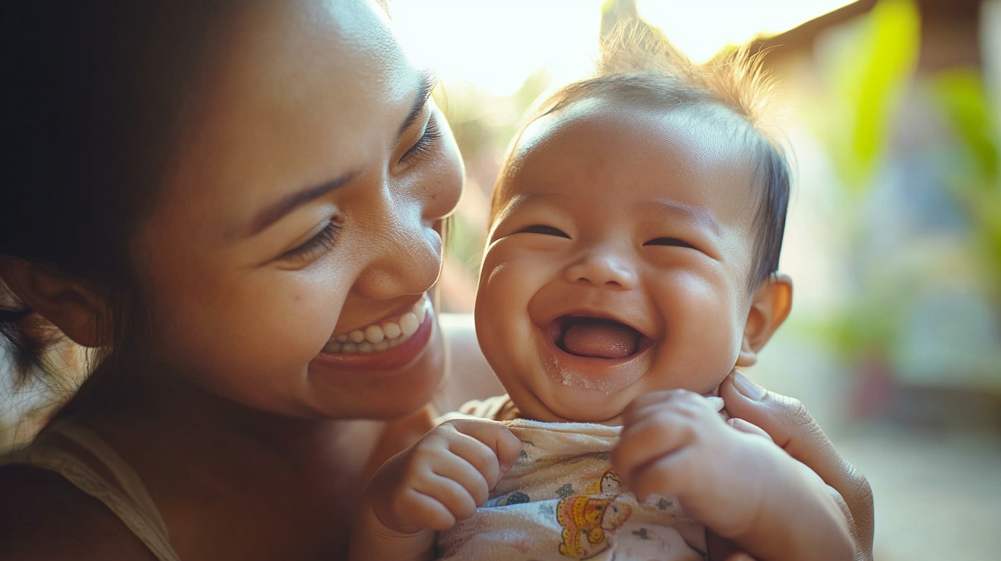 A Filipino mother laughing as she gently squeezes her baby's chubby cheeks in golden afternoon light, capturing the overwhelming tenderness of gigil